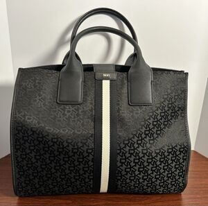 DKNY Carlita Large Book Laptop Tote Bag NWT Black Monogram Logo Stripe Handbag